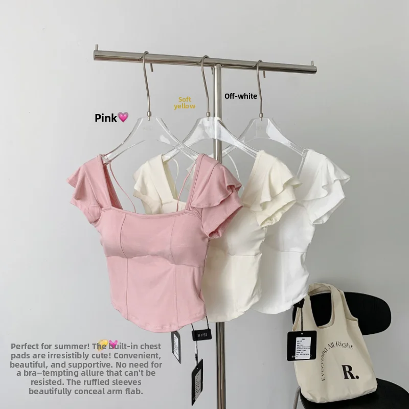 ピンクのセクシーなスクエアネックTシャツ、女性用スリムフィットサマーニュースタイル、胸パッド付きトップス、ファションレディースカジュアルウェア