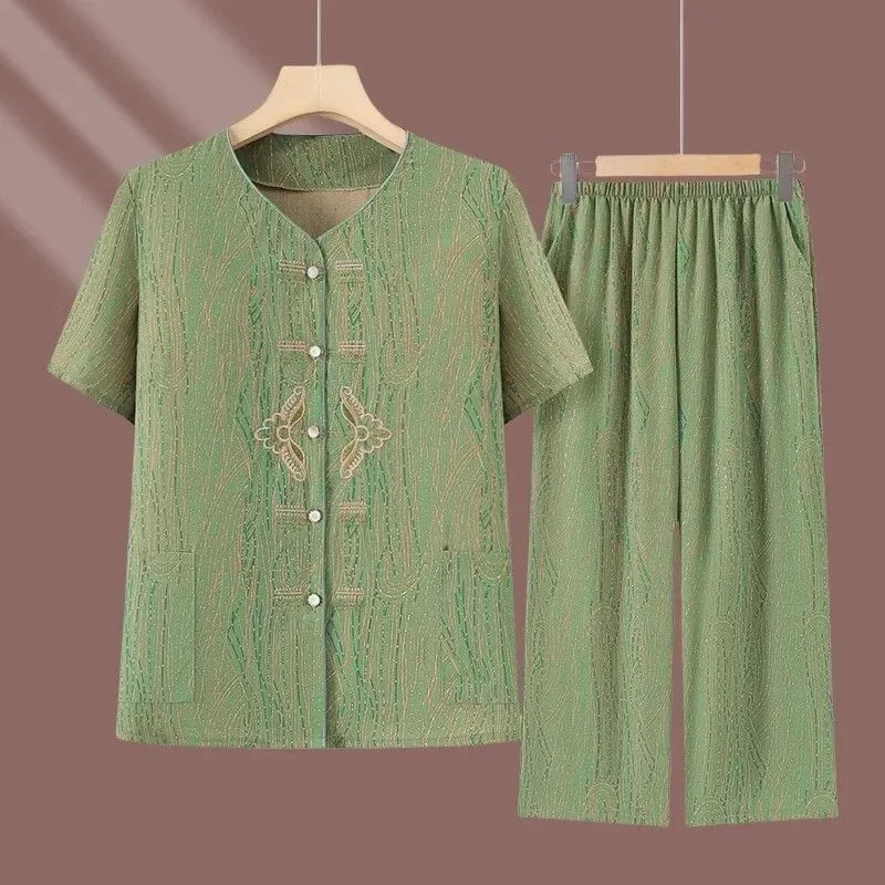 New Chinese Embroidery Two Piece Set Elderly Women Short Sleeve Open Shirt Elastic Waist Straight Pants Summer Mom Casual Outfit