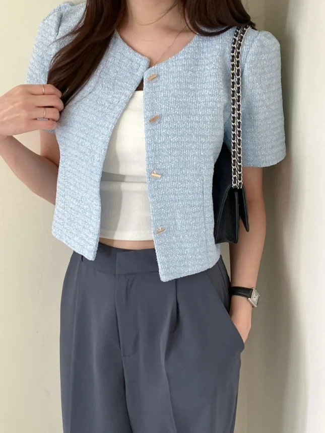 

Korean Chic Summer ort Bubble Sve Loose Fit round Ne Single Button Coat for Women Cotton 00% Commute Sle
