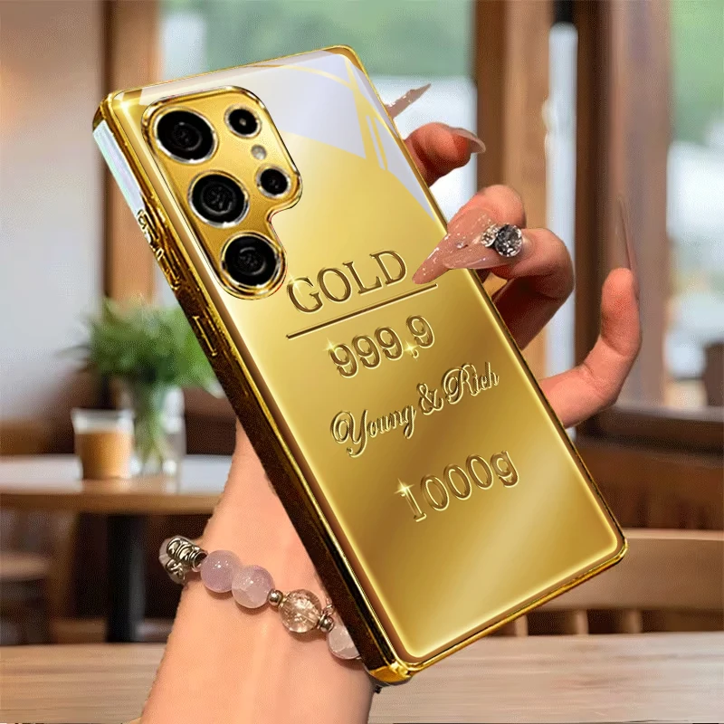 Luxury Gold Bar Electroplated Golden Phone Case For Samsung Note 10 20 A06 A07 A12 A13 A14 A15 A16 A17 A22 A23 A25 Glass Cover