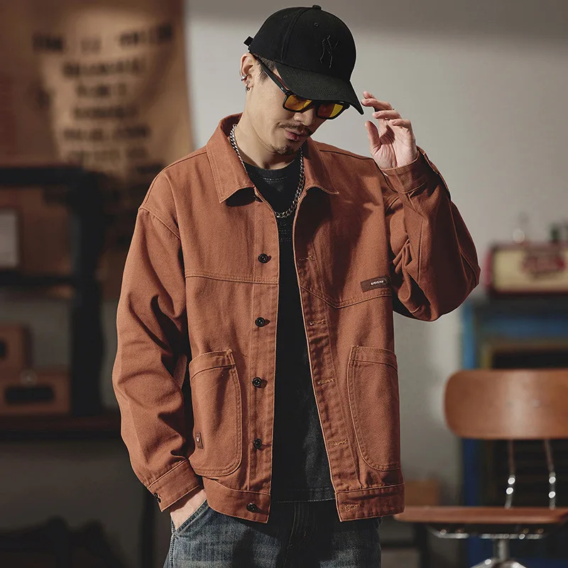 

Large Size Men's Clothing Spring New Denim Jacket Men's Lapels Pocket Casual Top Vintage Tooling Jackets Dark Brown Denim Shirt