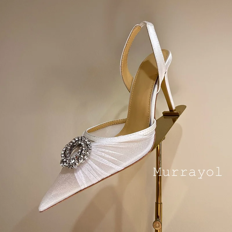 الدانتيل شبكة أشار تو مغلقة اصبع القدم الصنادل النساء حجر الراين ديكور مثير رقيقة عالية الكعب Sandalias الصيف فستان الحفلات الأحذية