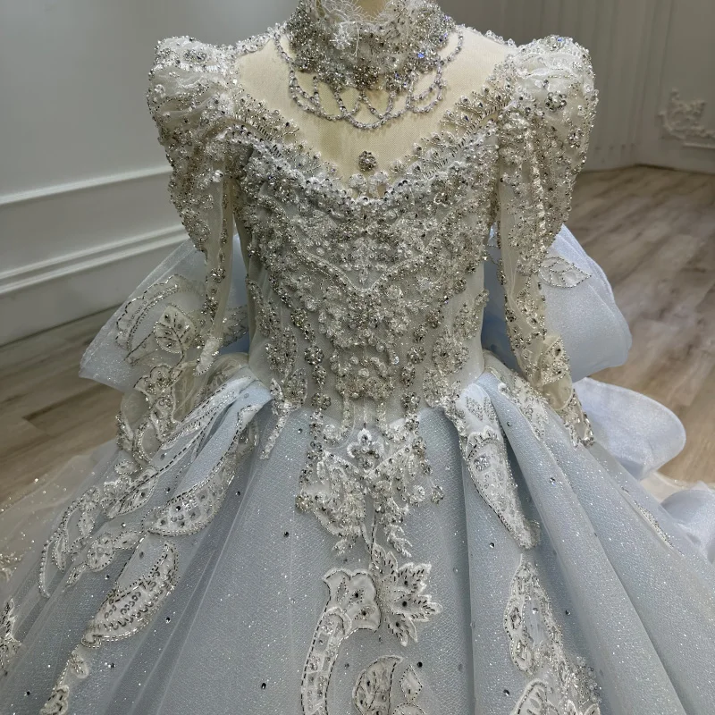 Vestido de novia de cola de diseño plisado de manga larga azul para niños