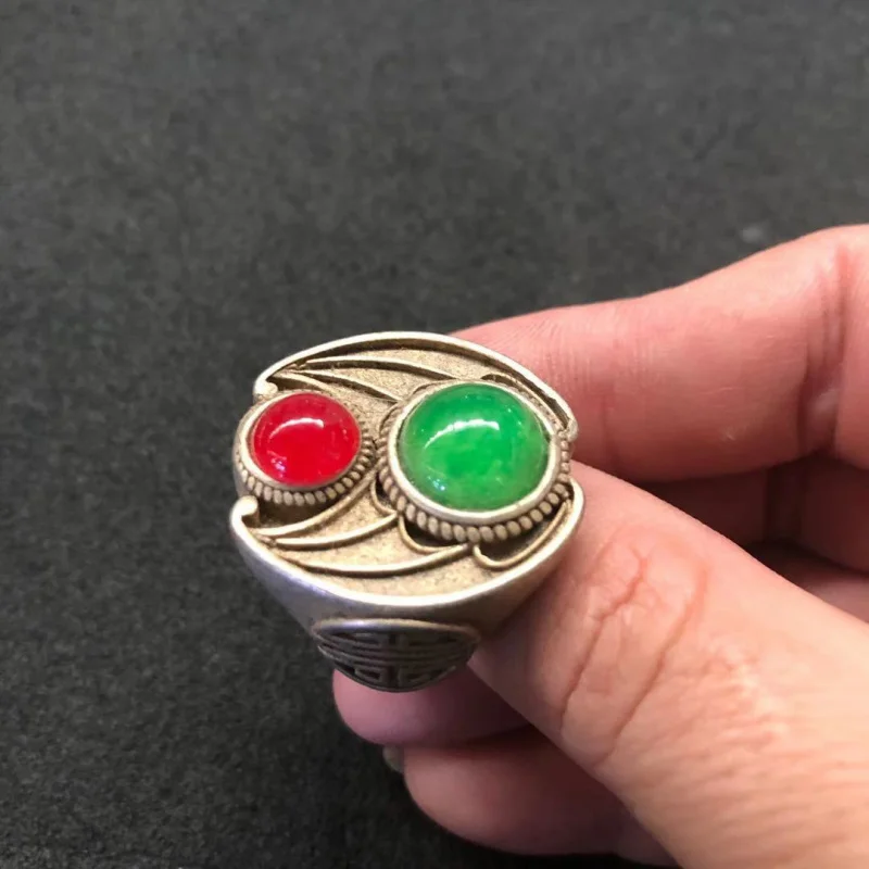 

New Vintage Green Jadeite Color Ring Tibetan Silver Inlaid Men's Retractable Green Jade Ring