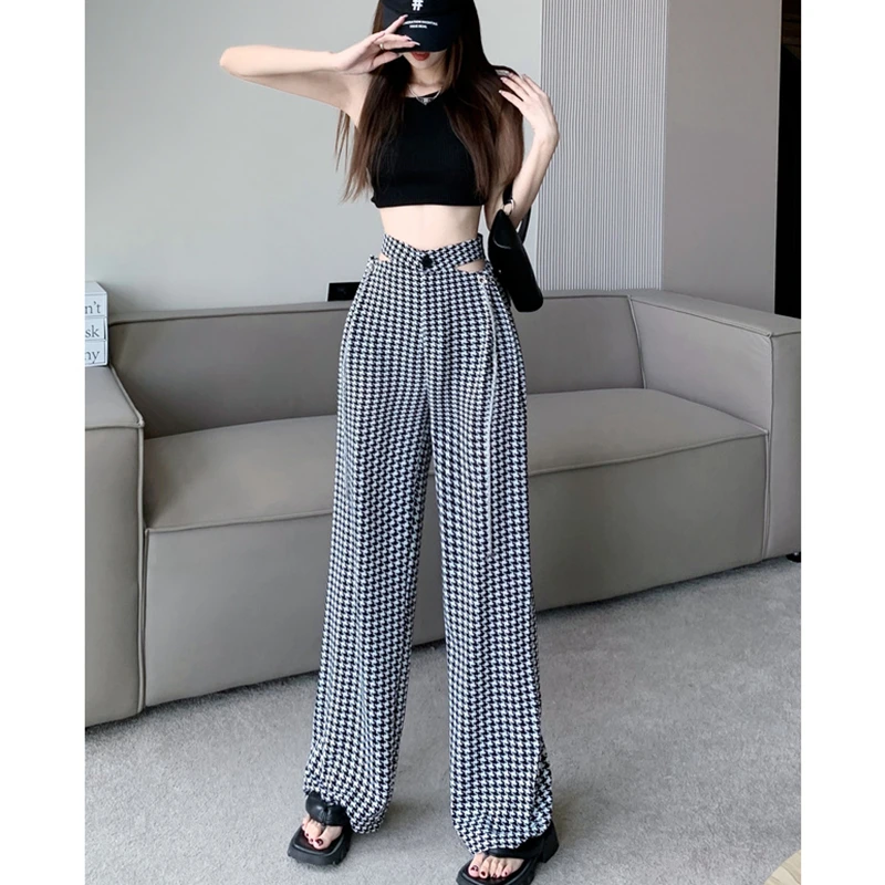 

Black And White Plaid Women's Clothing Pants Fashion Casual Slim Fit Hollow Out Straight High Waist Wide Leg Trouser New Autumn