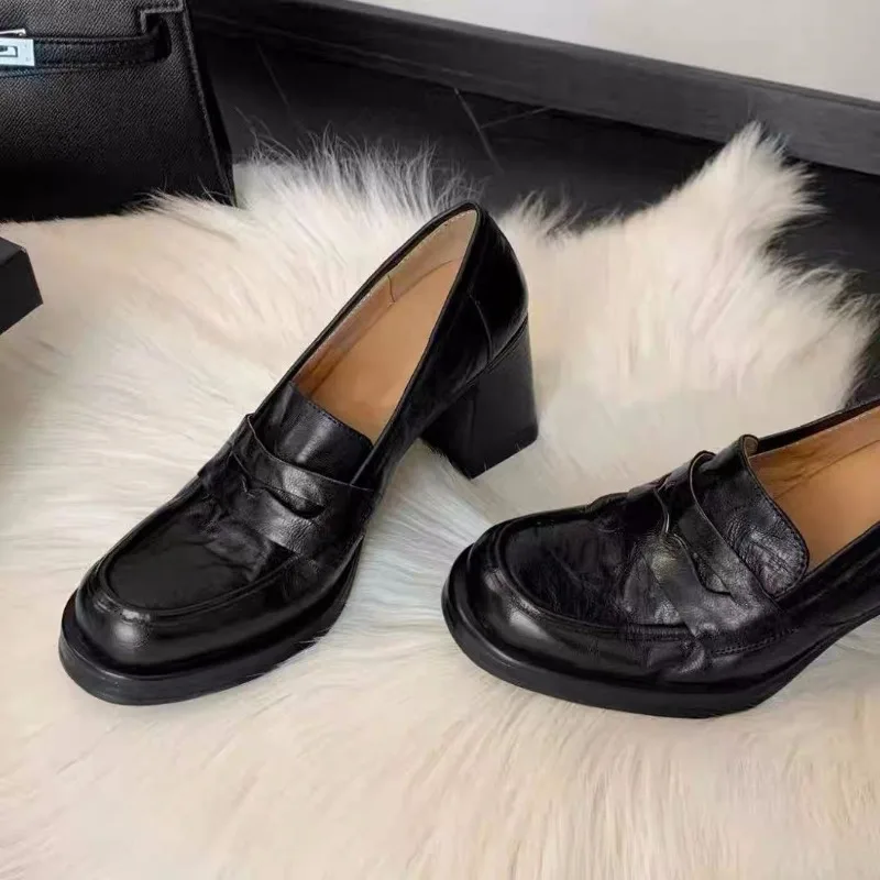 الرجعية الانزلاق على كتلة كعب حذا فردي للسيدات الخريف جديد جولة تو الجلود الناعمة لينة وحيد عدم الانزلاق عالية الكعب