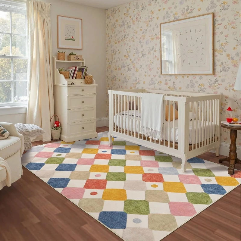 Living Room Carpet Soft Fluffy Comfortable Floor Mat Colorful Checkered Pattern Rug Bedside Mats Large Size Home Decoration Rugs
