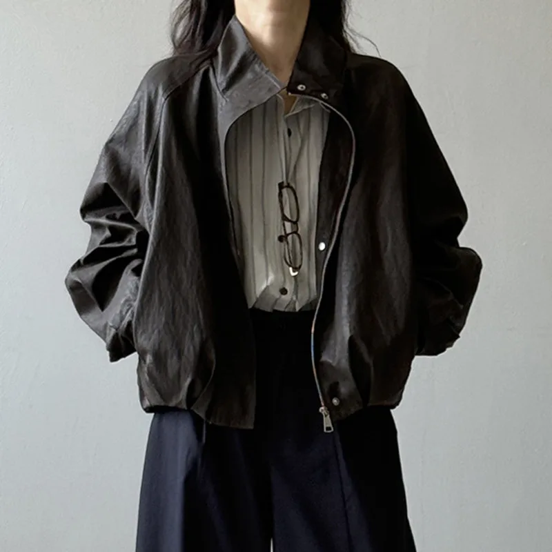 HKSH ربيع الخريف جديد سترة نسائية بولي Leather الجلود الوقوف طوق سستة بلون الأمريكية الرجعية الراقية Ins معطف غير رسمي HK13660