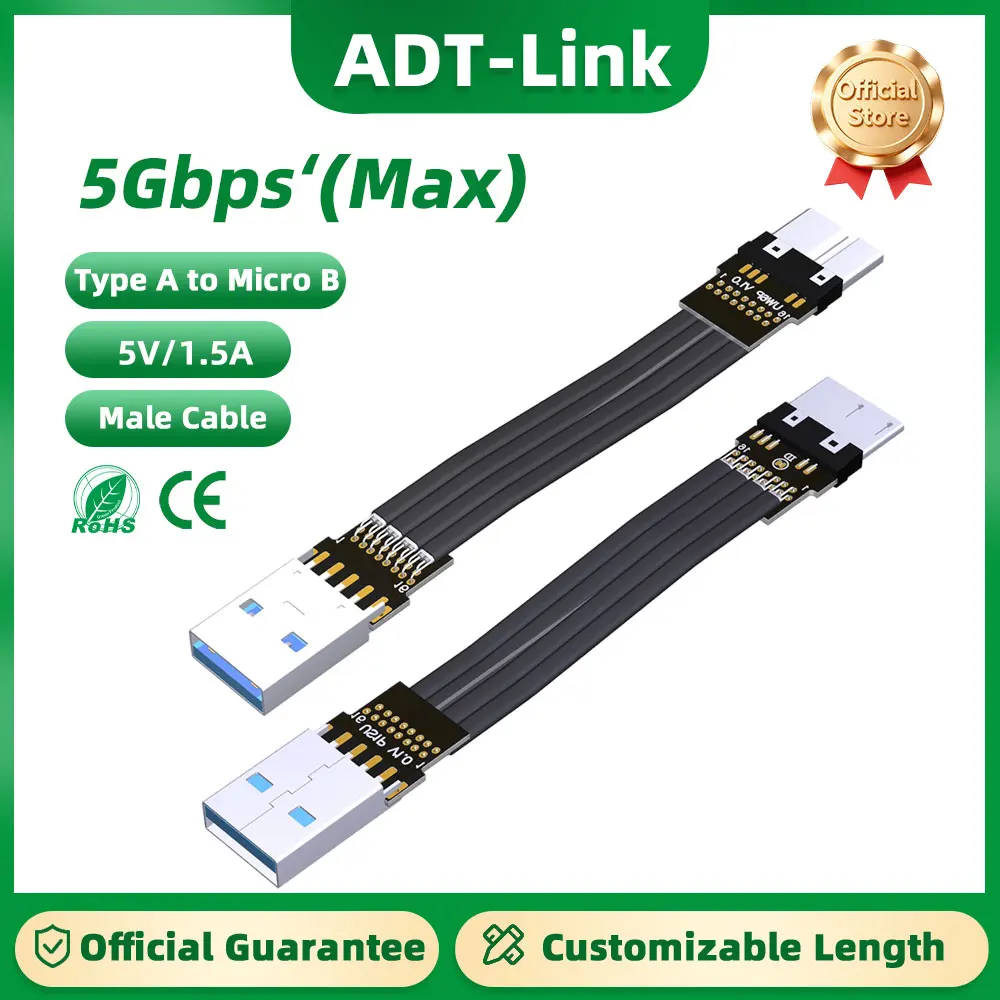 ADT-Link USB 3.0 Male-to-Male Type-A to Micro-B Flat and Slim Extension Cable 5Gbps High-Speed Right-Angle Shielded Cable