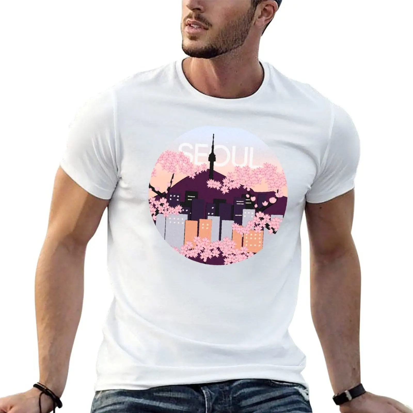 

Seoul Tower With Woodblock Style Cherry Blossoms South Korea T-Shirt t shirt man designer T-Shirt