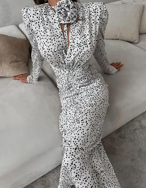 

New Sexy V-Neck Puff Sleeve Polka Dot Flower Slit Dress In 2025 Autumn Long Dress Women's Fashion High Waist Elegant Dresses