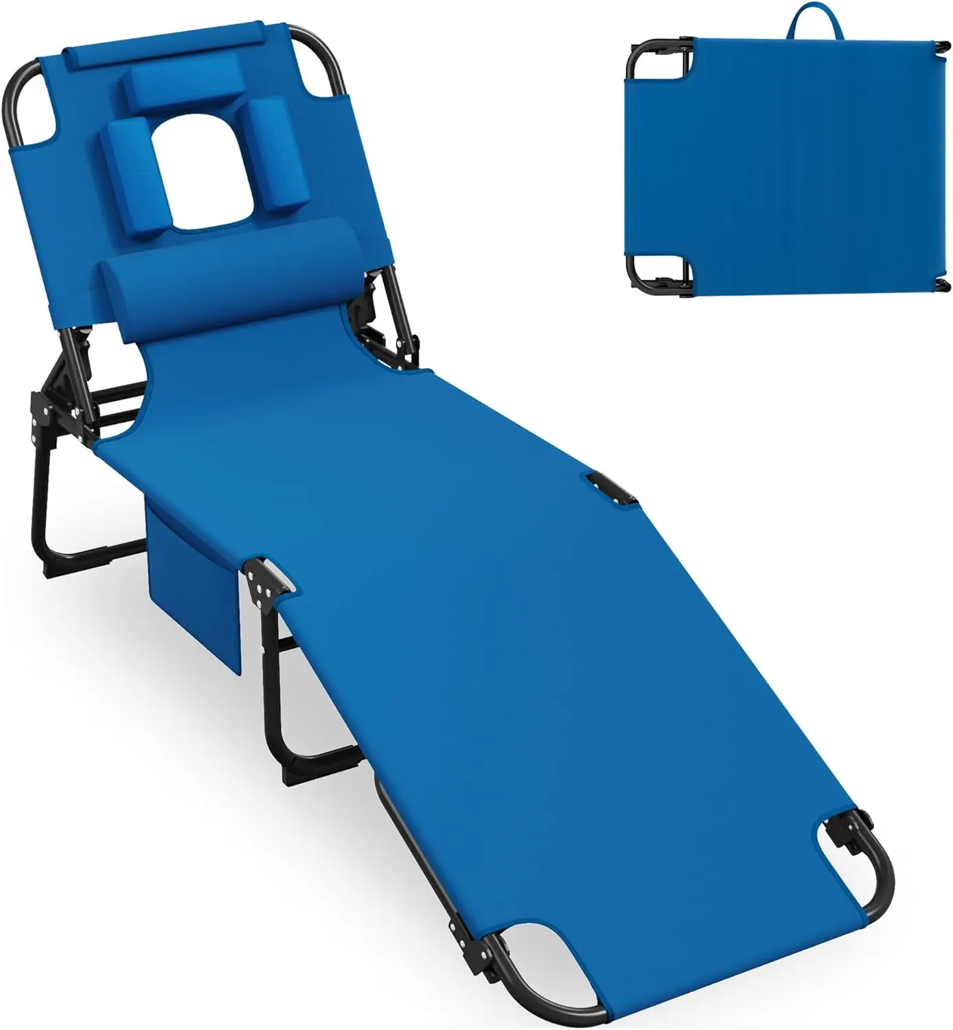 

400lbs Tanning Chair, 5-Fold Beach Lounge Chair with Face Hole & 2 Side Pockets, Non-Slip Foot & Portable Handle, Beach Chaise L