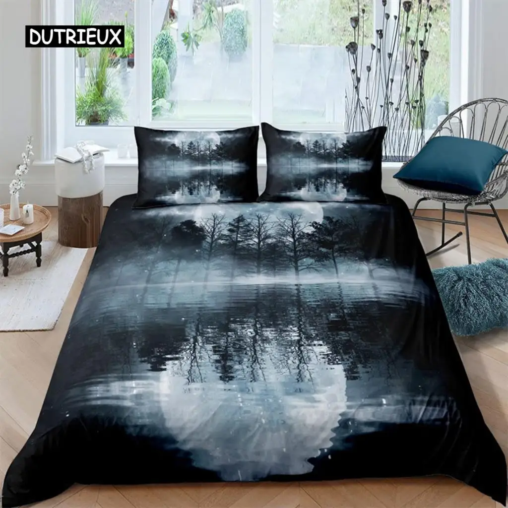 

Dark Night Ocean Duvet Cover Seawater Bright Moon Sea Starry Night Sky Galaxy Reflection Comforter Cover Bedding Set Room Decor