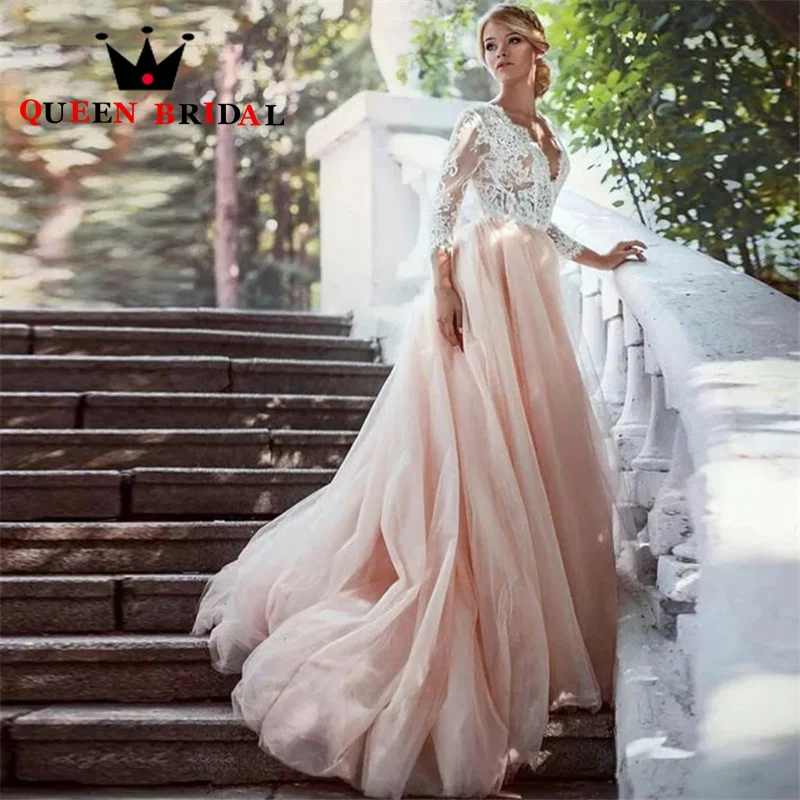 Abiti da sposa eleganti a maniche lunghe con scollo a V applicazioni in pizzo senza schienale lunghezza pavimento abito da sposa abiti da sposa personalizzati S71X