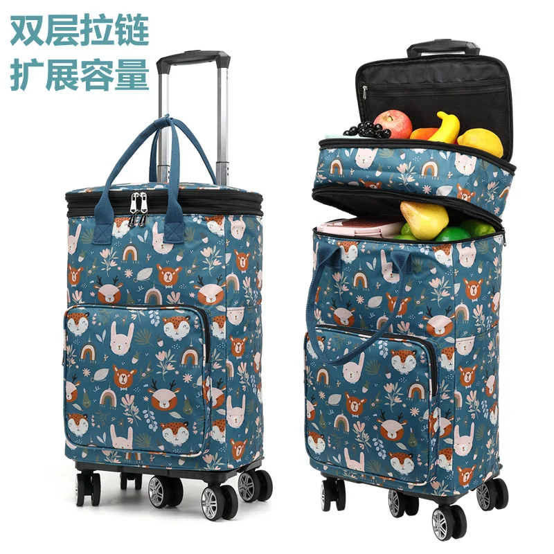 Lightweight Swivel Wheel Shopping Cart  Foldable Portable Telescopic Trolley Bag Supermarket Scalable Shopping Bag Trailer B