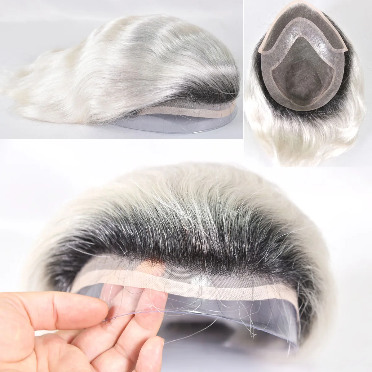 

Men's Toupee 10"×8" European Human Hair #1BT60R White Color Toupee for Men Hollywood Cap Base Hair Replacement System