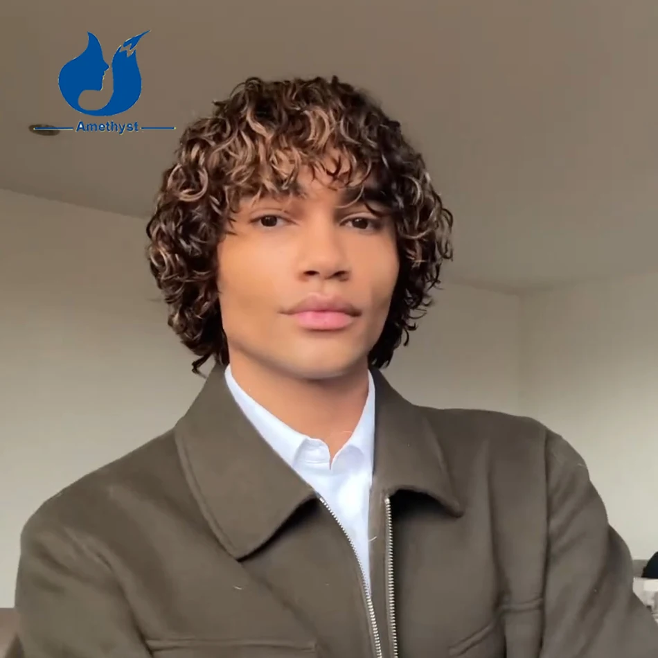 Amethyst Male Highlight Wet Curly Bob Wig Human Hair with Bangs Brazilian Scalp Top Full Machine Made Remy Hair Wig for Men