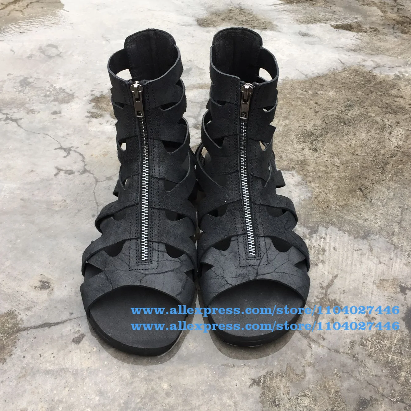 

Black Leather Hollow Sandals Summer Front Zipper Roman Sandals Beach Shoes Men's Shoes Trendy Luxury Handmade Men's Sandals