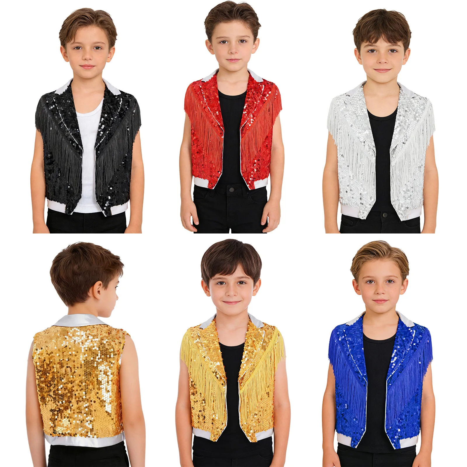 Kids Boys Disco Jazz Dance Stage Performance Costume Tassel Sparkling Sequin Vest Contrast Color Lapel Collar Sleeveless Tops