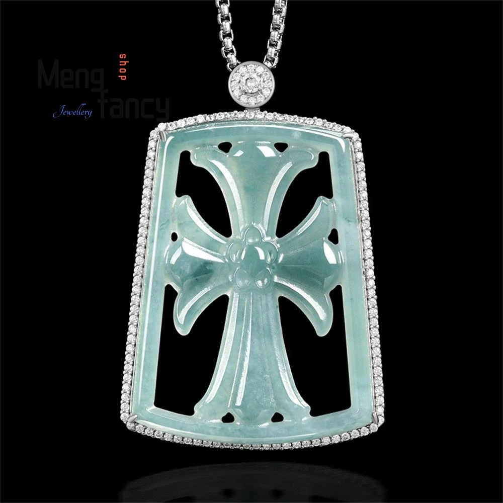 

Natural A-grade Jadeite Blue Water Cross S925 Silver Inlaid Jade Pendant High-grade Exquisite Couple Luxury Fashion Fine Jewelry