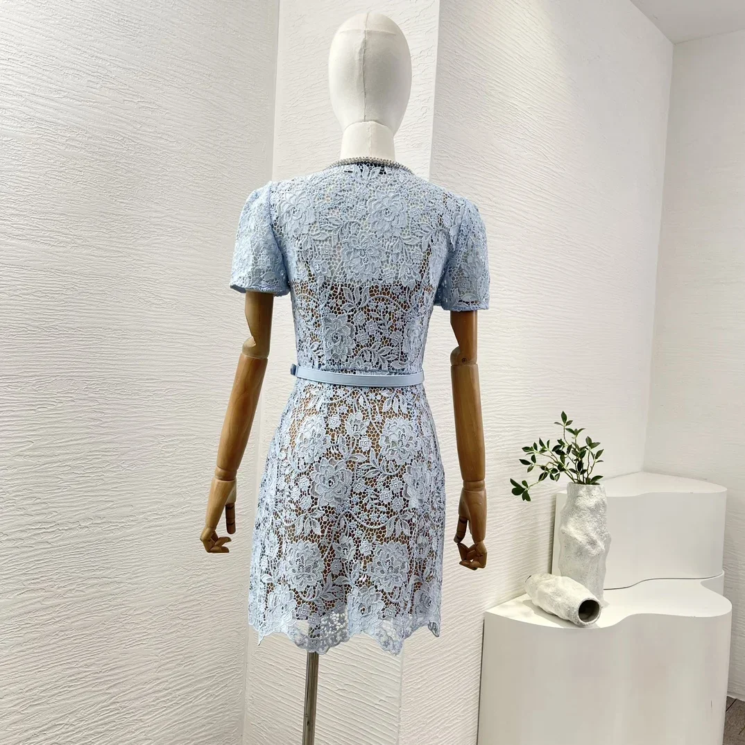 Lady Summer High Quality 2024 New Light Blue Hook Floral Hollow Short Sleeve Belted Rhinestones Women Mini Dress