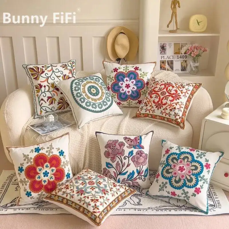 Floral Towel Embroidered Cushion Cover 45x45cm Flower Textile Soft Decorative Pillow Cases For Sofa Bed Living Room Home Decor