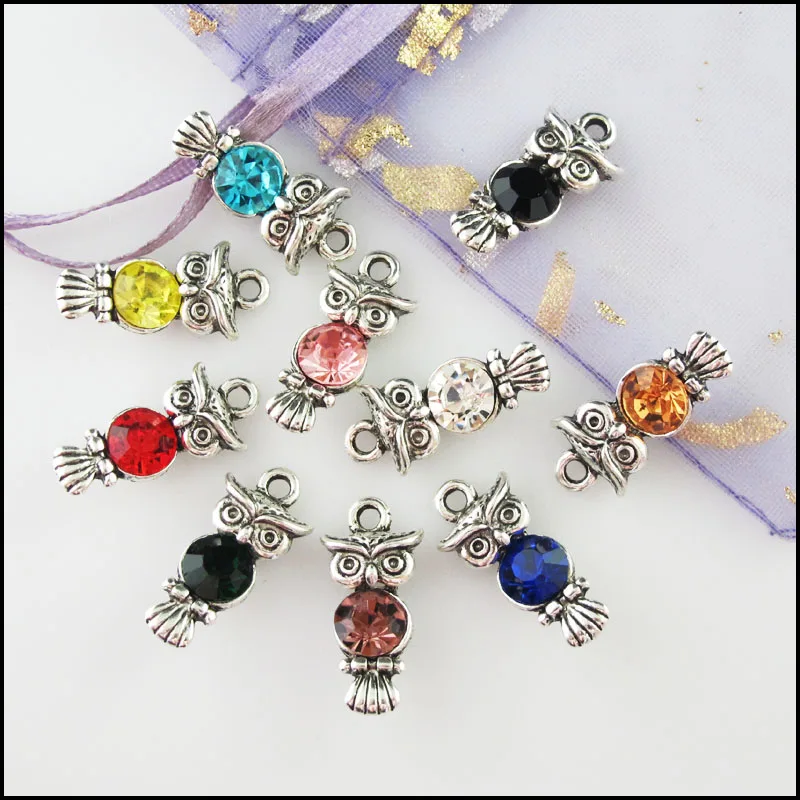 10Pcs Mixed Crystal Antique Silver Color Animal Owl Charms Pendants 10.5x22mm