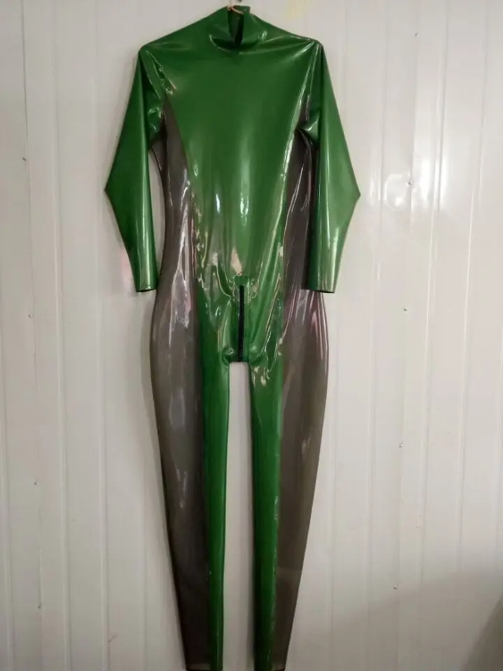 

New Latex 100% Gummi Rubber Catsuit green sexy onesie cosplay party racing uniform colorblocking Size XS-XXL 0.4mm