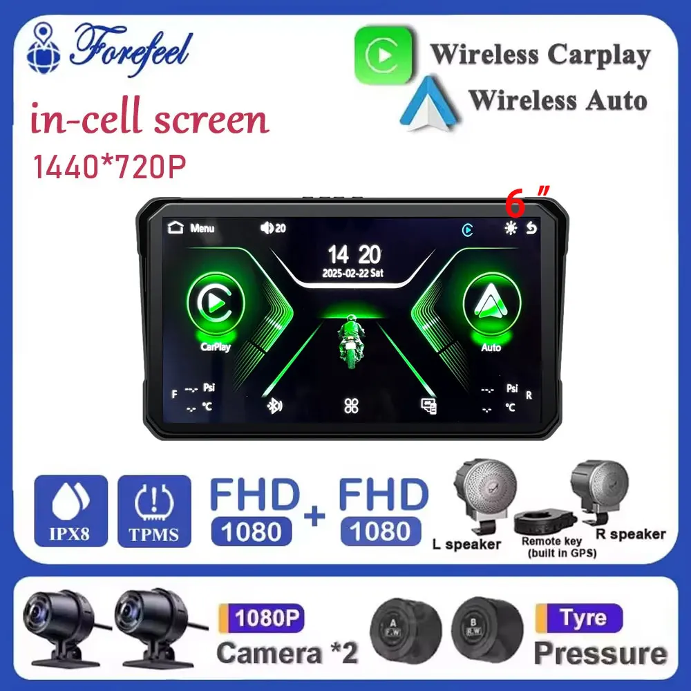 Carplay اللاسلكي للدراجات النارية 6 بوصة تعمل باللمس مقاوم للماء أندرويد السيارات مع نظام تحديد المواقع TMPS كاميرات الإصدار الليلي المضادة للاهتزاز فيديو