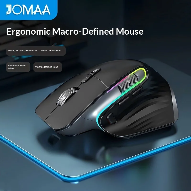 JOMAA Ergonomic Gaming Mouse Tri Mode Wired Wireless Bluetooth Rechargeable Silent Macro Programmable For Office Desktop Laptop