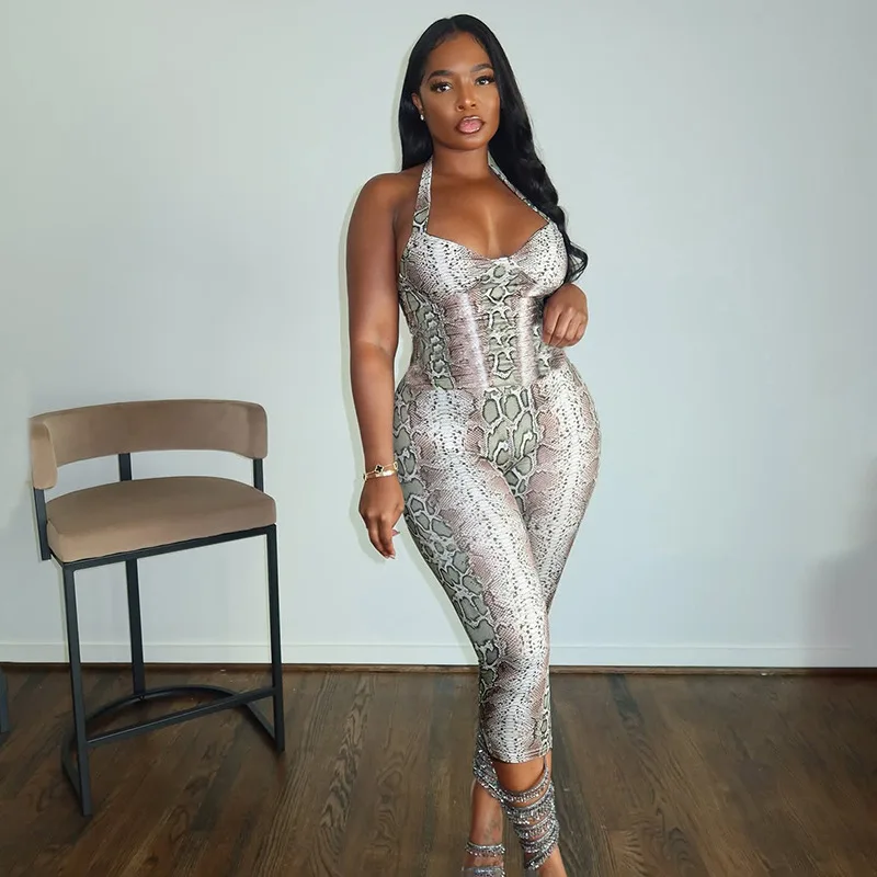 

Тонкие комбинезоны с открытой спиной и лямкой до икры, змеиный принт, женские тонкие капри без рукавов с v-образным вырезом, комбинезон для ночного клуба, комбинезон