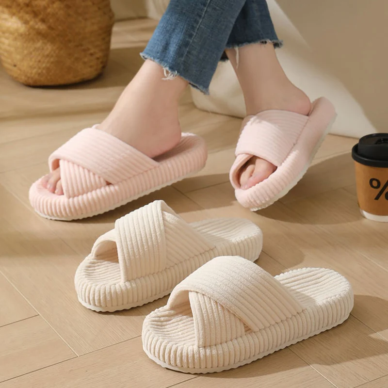 

Сплошные полосатые вельветовые домашние тапочки для женщин, модные домашние шлепанцы с перекрестными ремешками, женские тапочки унисекс для спальни на толстой подошве