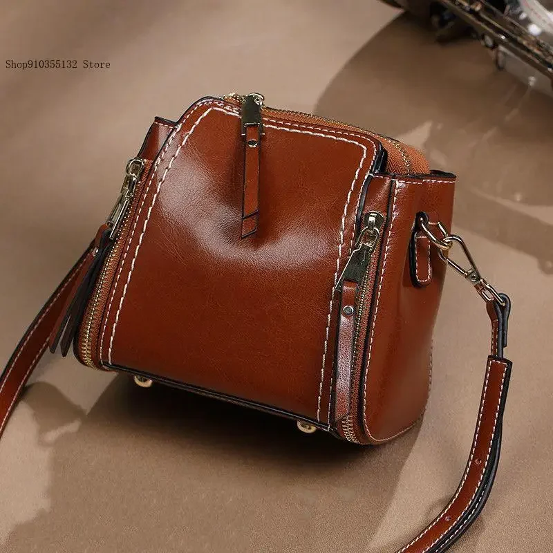Women's Retro Crossbody Korean Cowhide Leather Shoulder Bag for Everyday Style with Zippered Pockets and Card Holder Compartment