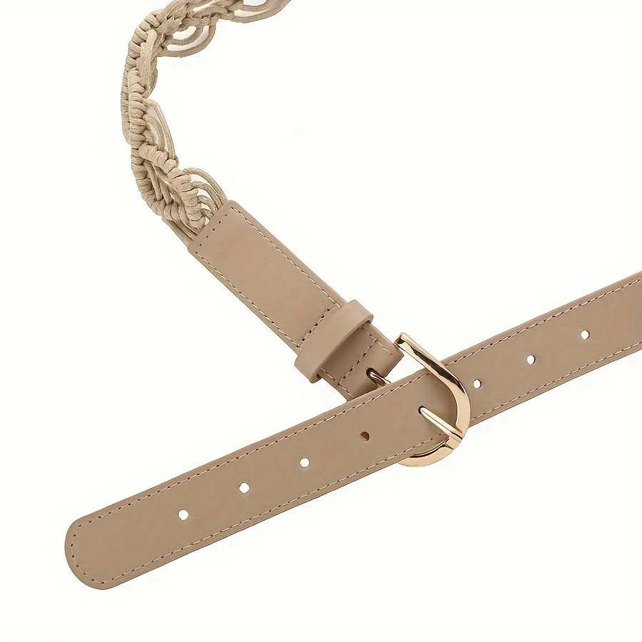 Trendy Braided Rope PU Leather Belt For Women Classic Khaki Waistband Adjustable Belts For Dress Pants Leather rivets