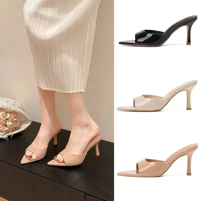 

Summer Women High-heeled Slippers Sexy Pointed Toe Thin Heel Slippers Luxury Leather Slippers for Women Designer Peep Toe Slides