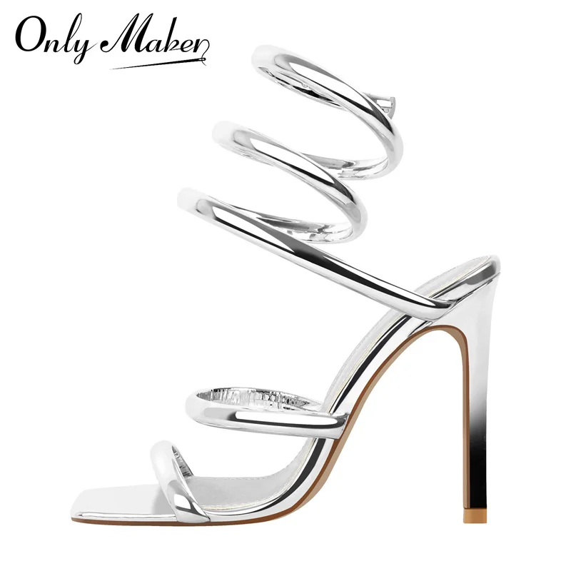 Onlymaker Women Square Toe Thin Heel Silver Square Toe Strap Stiletto Summer Sandals