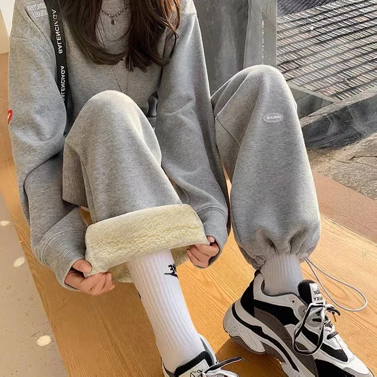 Lamb Velvet Thickened High Waist Straight Leg Slimming Women's Casual Sports Pants Autumn Winter plus Size Cuffed Trousers