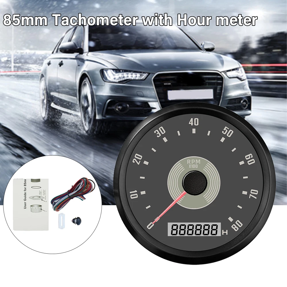 

ELING автомобильный универсальный тахометр 85 мм 0-8000 об/мин со светодиодным часовым метром, регулируемая красная, желтая подсветка, водонепроницаемая для мотоцикла 9-32 В