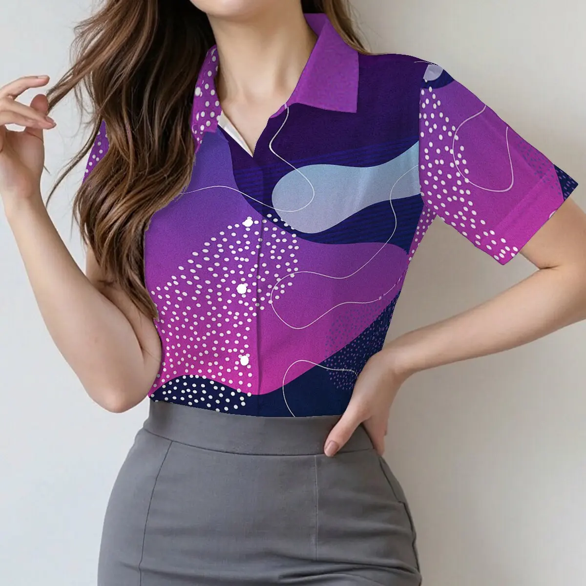 

Summer women's short-sleeve shirt with contrasting color prints, bright colors, unique personality, suitable for casual