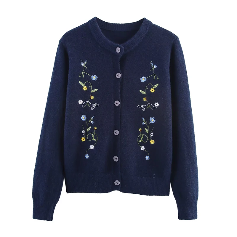 

YENKYE New Women Navy Blue Floral Embroidery Knit Cardigan O Neck Long Sleeve Autumn Casual Outerwear Black Gray Coat