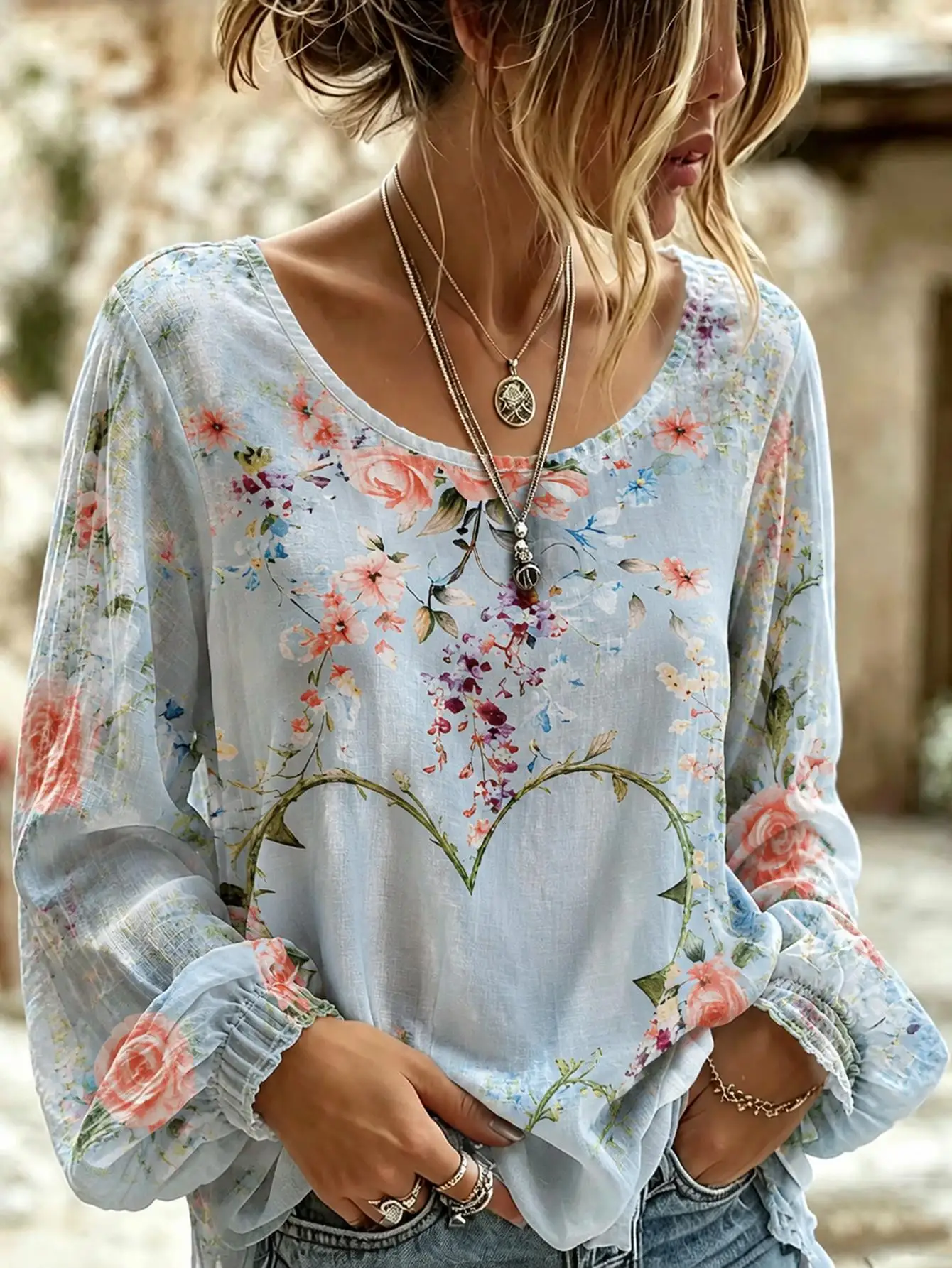 Blusa de talla grande para mujer, estampado floral 3D, manga larga, corte holgado, estilo casual boho.
