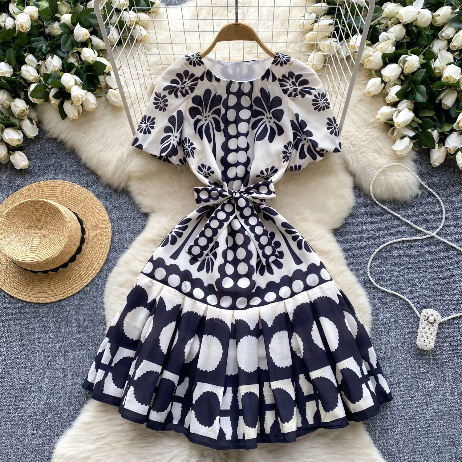 

Clothland Women Elegant Print Mini Dress Short Sleeve Back Zipper Sashes A Line One Piece Summer Dresses Vestido QD777