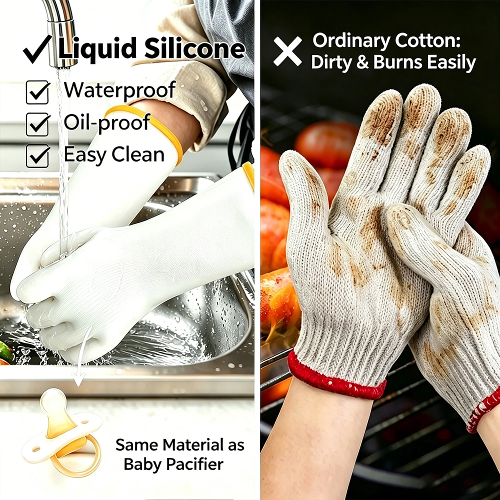 Heat Resistant Food Grade Liquid Silicone Oven Gloves, Waterproof Extra Long BBQ Mitts, High Temp Protection for Grilling BBQ