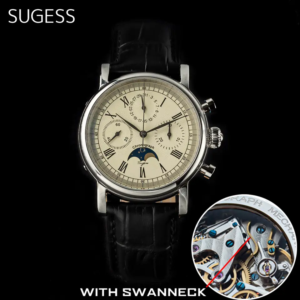 ساعة Sugess رجالية، حركة ST1908 Swanneck، كرونوغراف ميكانيكي، ساعة يد بتقويم قمري حقيقي، جلد عتيق، جديدة 2023