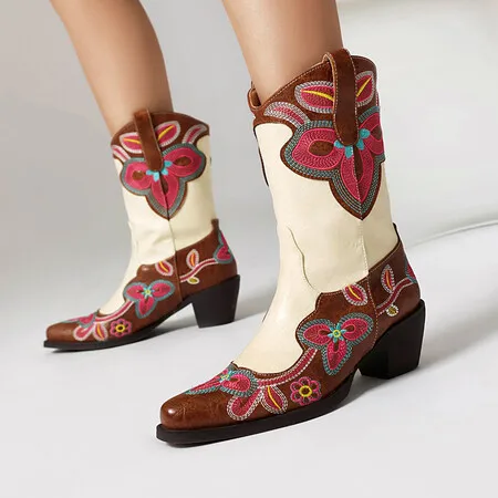 Plus Size 46 Mid Calf Cowboy Boots Women Retro Pointed Toe Chunky Heeled Pointy Toe Slip On Embroidery Cowgirl Booties Shoes