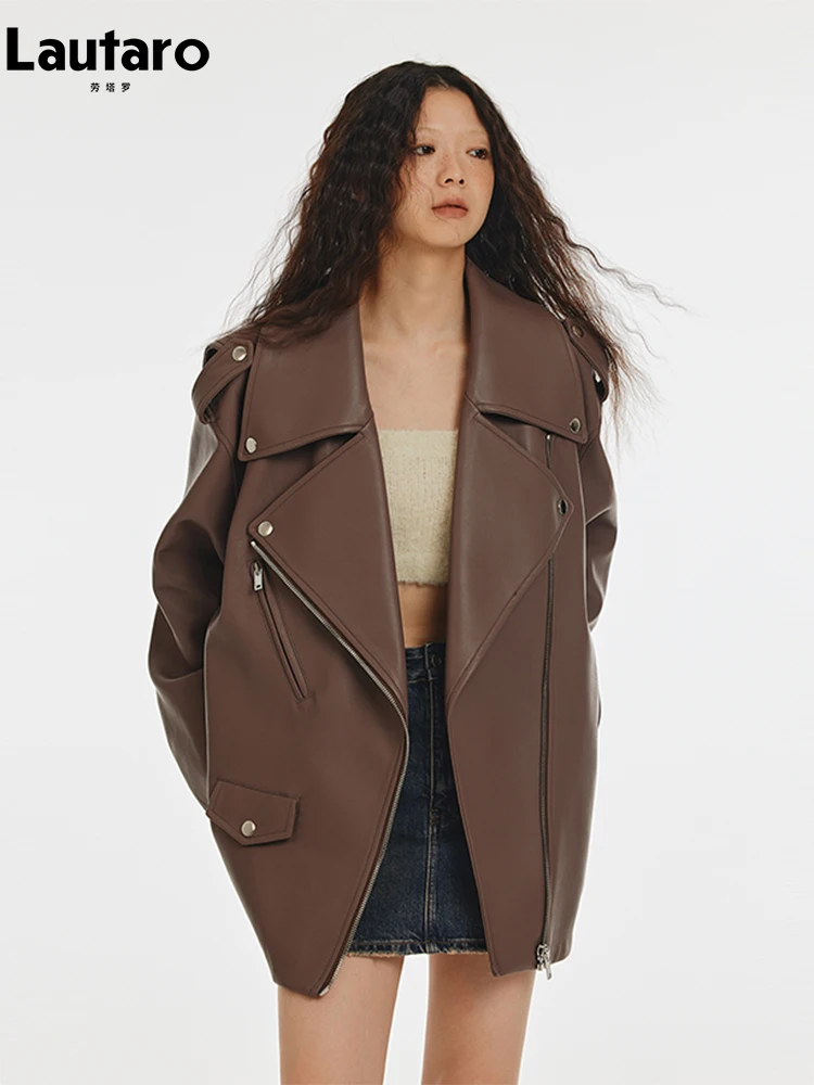 Lautaro Spring Autumn Cool Oversized Soft Brown Pu Leather Biker Jacket Women Loose Chic Luxury Designer Unisex Clothes 2023