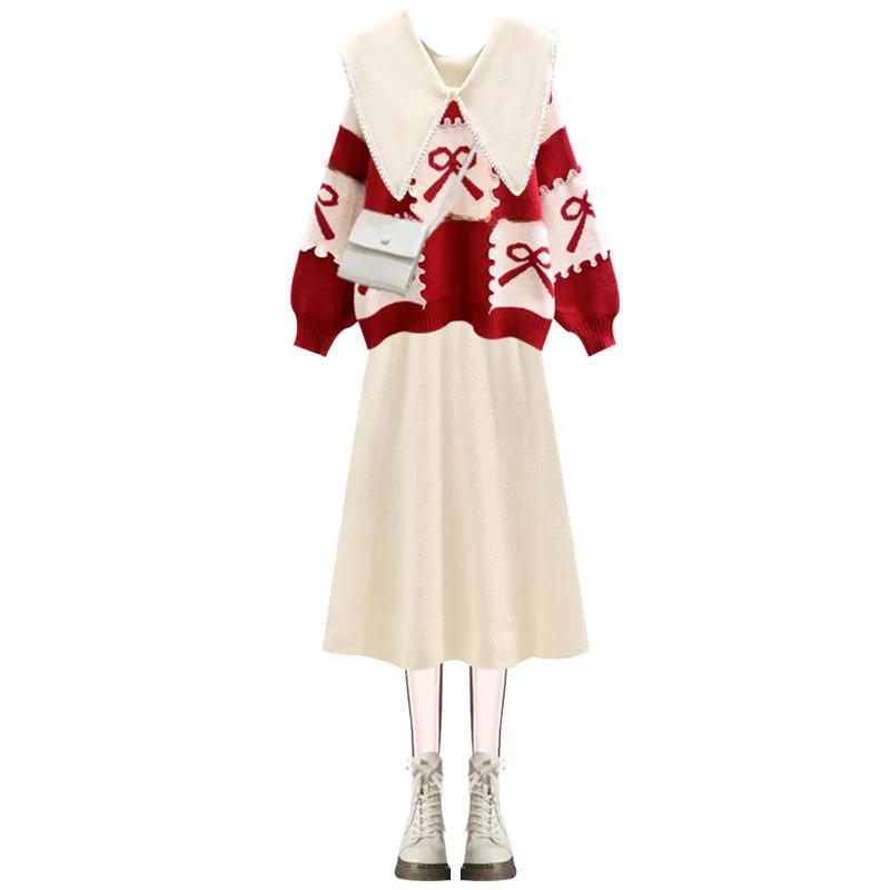 ชุดเสื้อสเวตเตอร์สีแดงและกระโปรงสำหรับฤดูหนาว ชุดสูทสองชิ้นทรงเข้ารูปสำหรับผู้หญิง ซีรีส์ Salt คอลเลคชั่นใหม่ล่าสุดสำหรับฤดูใบไม้ผลิ ชุดสำหรับสุภาพสตรี