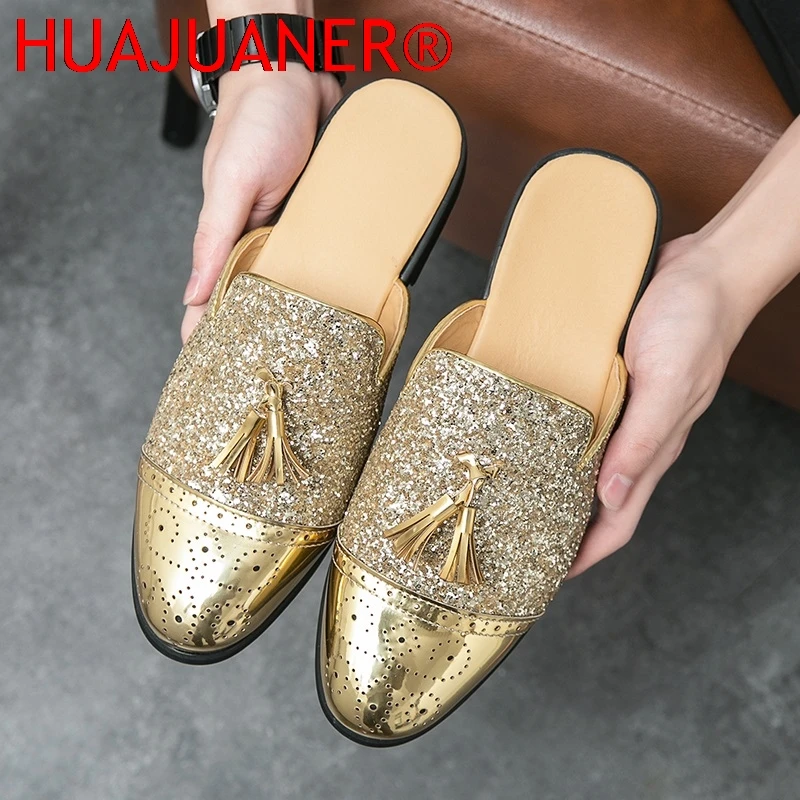 New Men Gold Black Half Slippers Driving Shoes Male Sequin Tassels Casual Mules Moccasins Breathable Loafers Zapatos Hombre