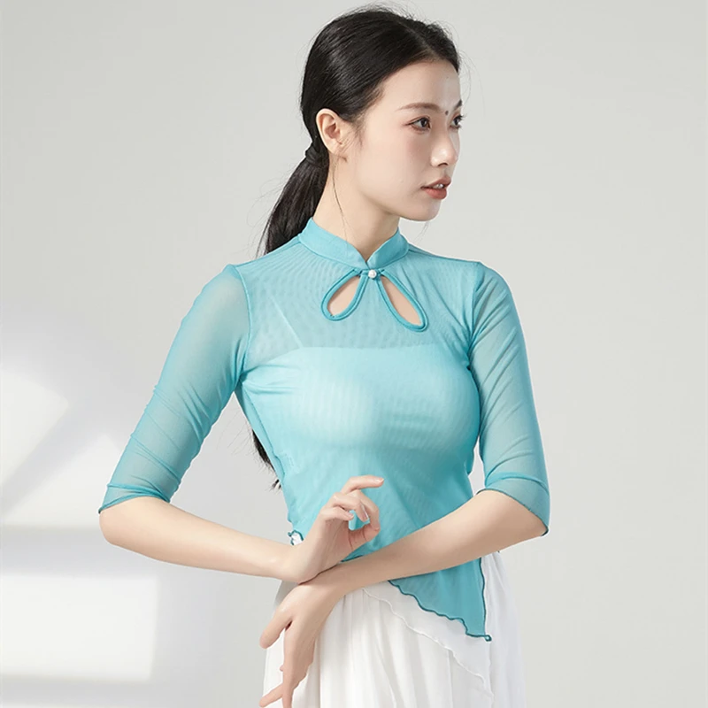top-de-danca-classica-feminina-camisa-pura-manga-media-cheongsam-elegante-roupa-de-treino-para-o-pescoco-performance-hanfu-blusa-de-malha-casual