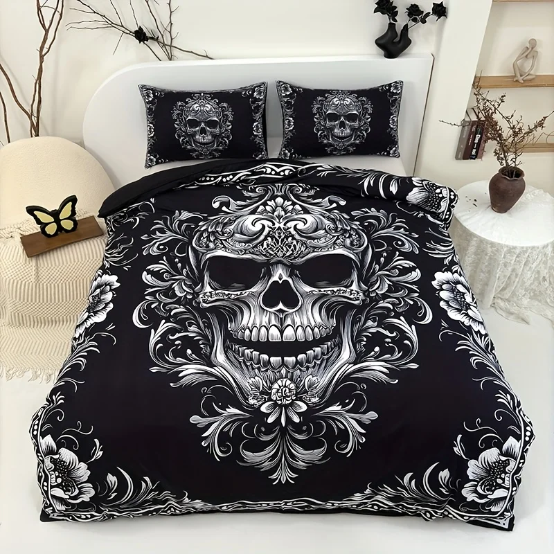 

Black And White Design Skull Victoria Baroque Gothic Duvet Cover Set At Home Dormitory High Definition Printing Queen King Size